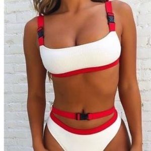 Frankie’s Bikinis Red and White buckle top